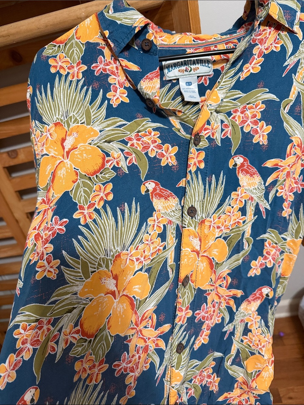 Margaritaville Navy Floral Parrot Button-Up Shirt with Orange Accents